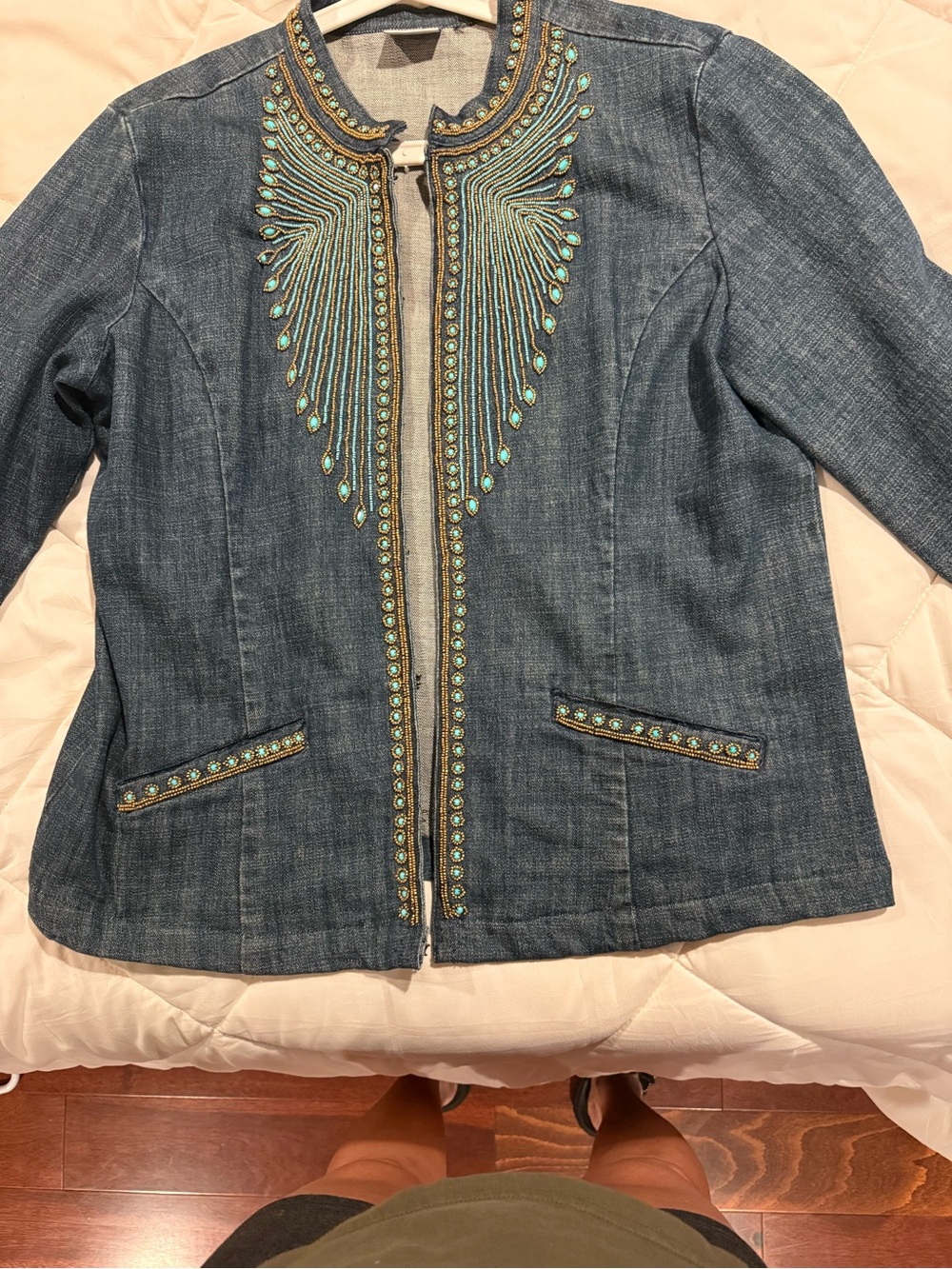 Chico's Blue Denim Jacket with Turquoise Embellishment - Picture 4 of 7